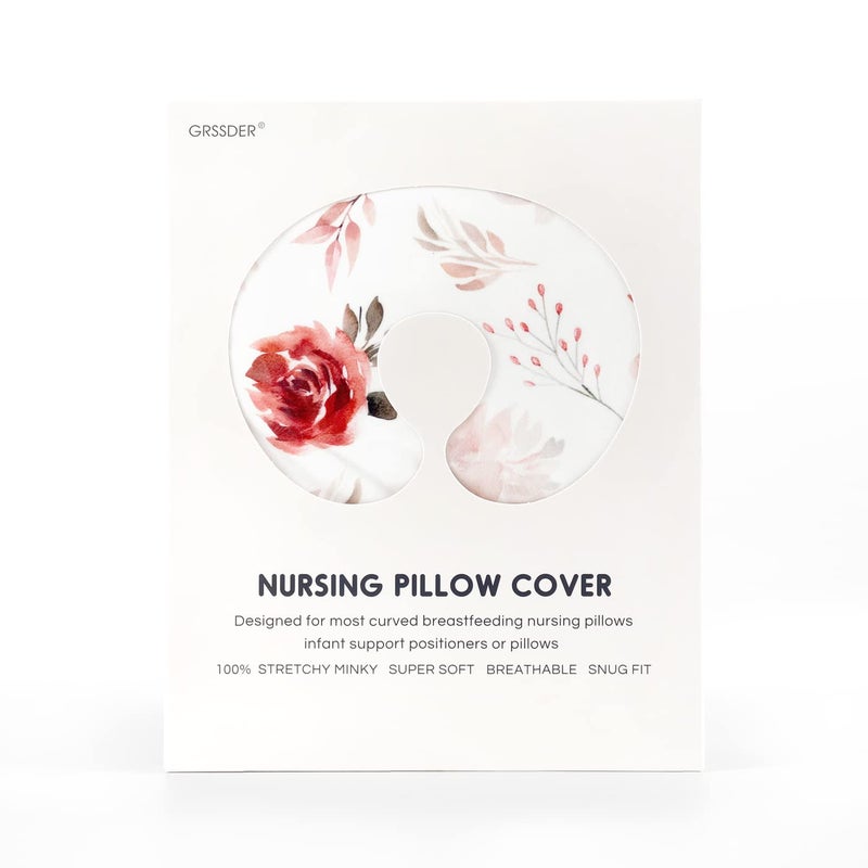 GRSSDER Nursing Pillow Cover Stretchy Minky Removable Nursing Covers for Breastfeeding Pillows, Ultra Soft Comfortable Slipcover for Boy and Girls, Pretty Watercolor Rose Flora, Orange Pink - Image 3